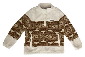 Columbia Women's Sherpa Aztec Tribal Fleece Pullover Brown Snap Jacket Large